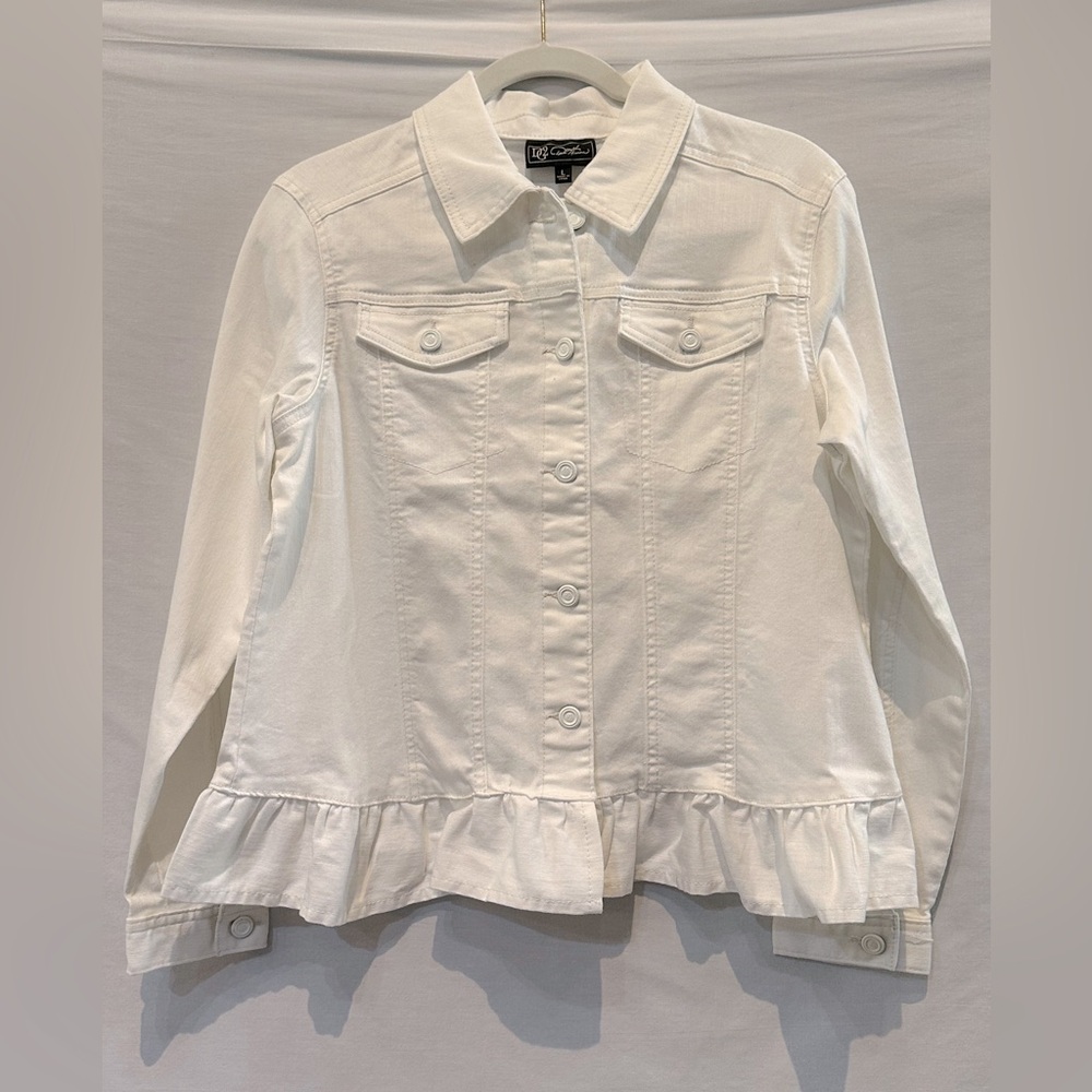 NWOT - DG2 by Diane Gilman White Stretch Denim Jacket With Peplum - Size…